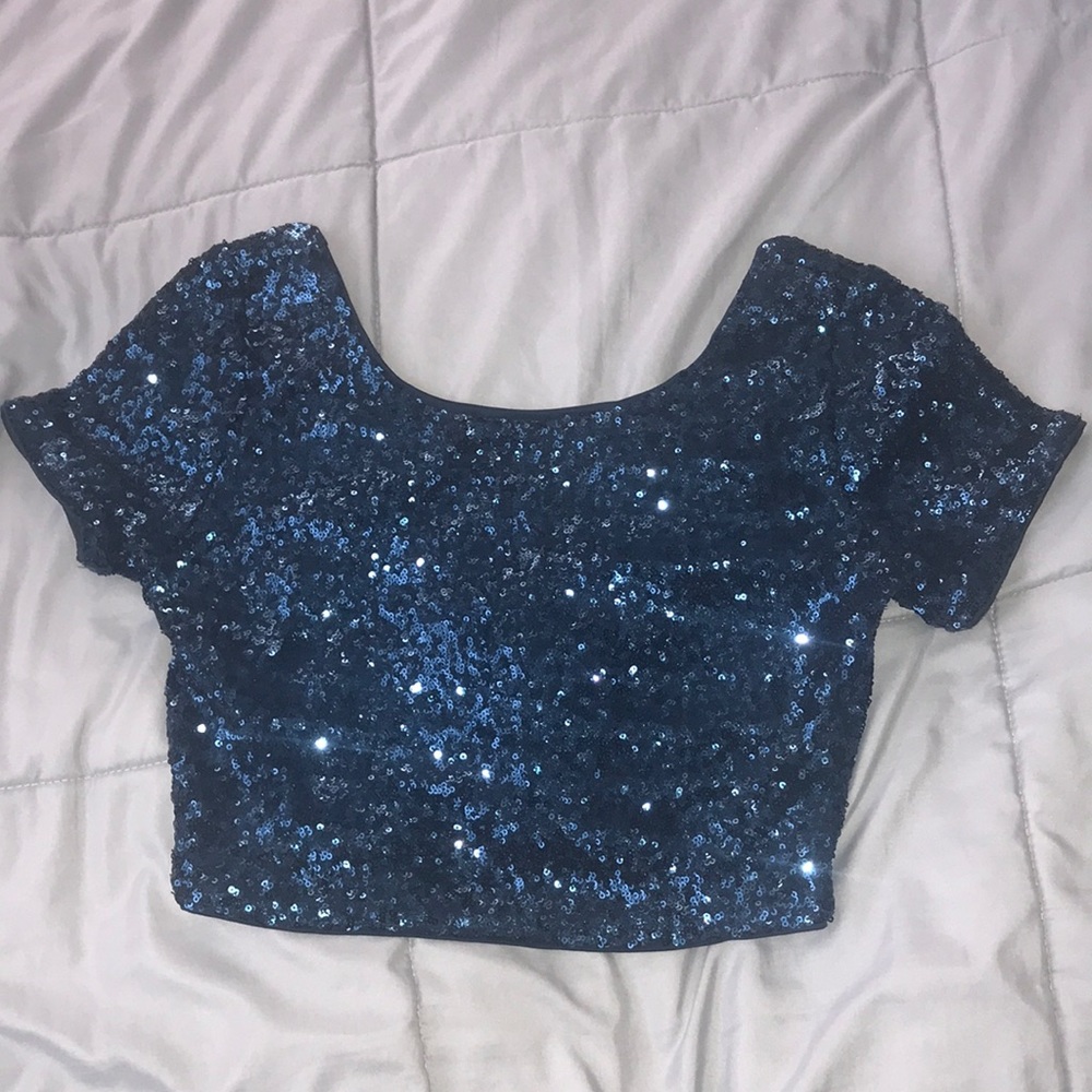 Blue Sequin Crop Top